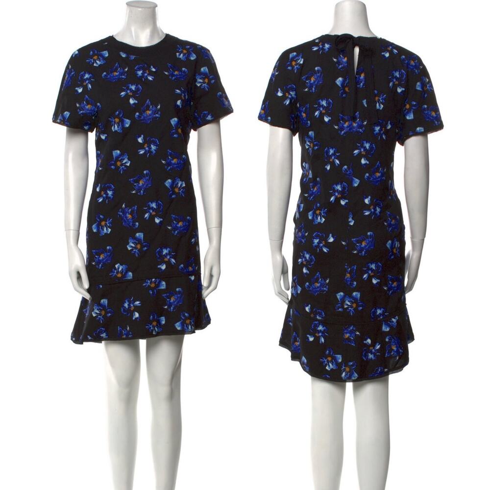 Proenza Schouler Floral Print Blue Black Tie Back Short Sleeve Mini Shift Dress